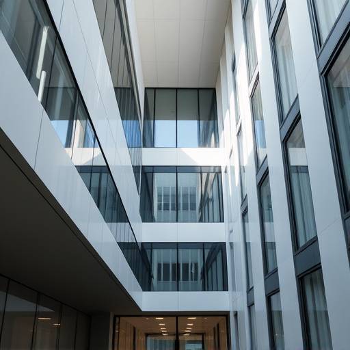 Fotografia de arquitetura, mostrando um edifício moderno com linhas limpas e iluminação natural.