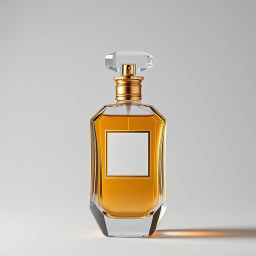 Fotografia de produtos, mostrando um perfume elegante com iluminação profissional e fundo neutro.