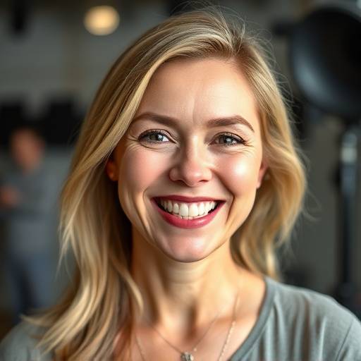 Fotografia de retrato profissional de uma mulher sorrindo em um ambiente de estúdio.