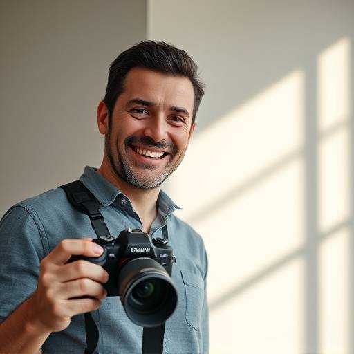 Fotografia de Ricardo Alves, fundador da Lumina Imagens, um homem sorrindo com uma câmara na mão.
