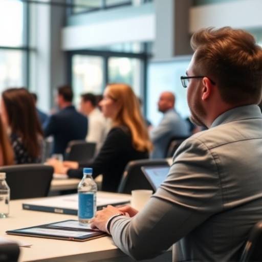Fotografia de um evento corporativo, com pessoas em reunião e apresentações, mostrando o profissionalismo do evento.