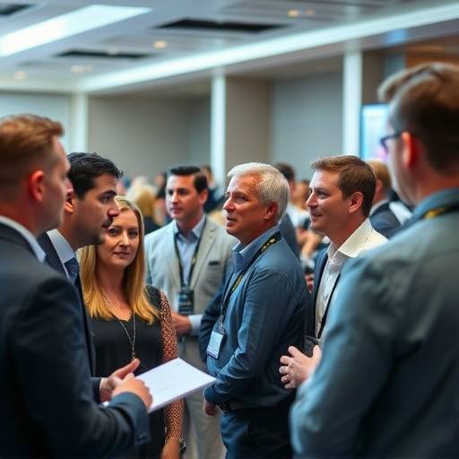 Fotografia de um evento corporativo com participantes interagindo durante uma conferência, mostrando o ambiente profissional e dinâmico.
