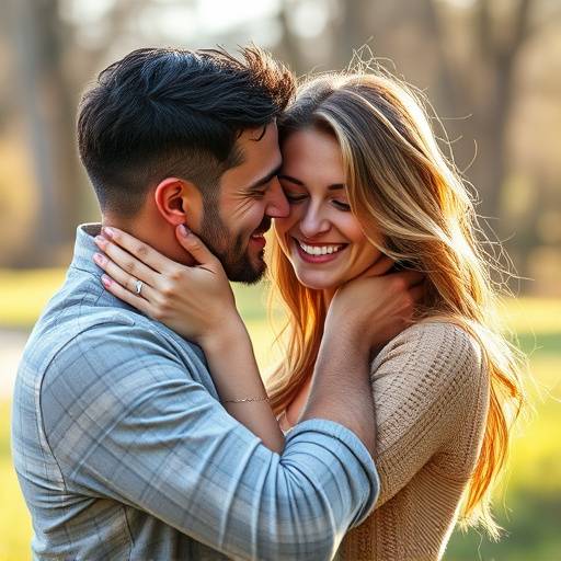Retrato de um casal apaixonado ao ar livre, com luz natural e um cenário romântico.